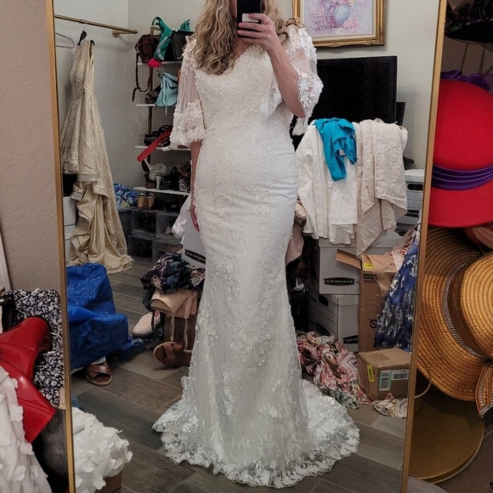 Liz Simon Designed in Calagary Kasey Ivory Wedding Dress with Train SZ 10